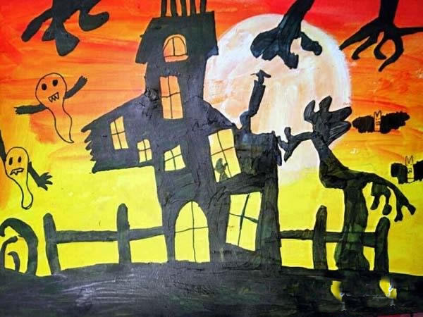 万圣节幽灵城堡儿童画画作品图片