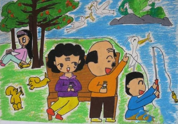 小学生重阳节儿童画作品欣赏_和爷爷奶奶一起去郊游