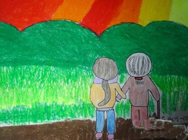 一年级重阳节登高望远获奖儿童画作品/蜡笔画图片