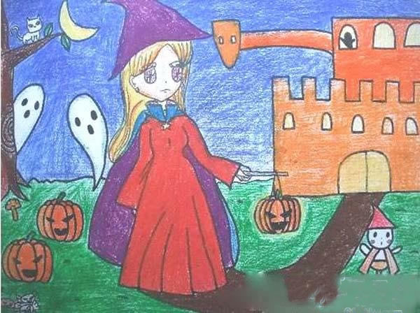 万圣节的女巫儿童画_万圣节儿童绘画作品欣赏