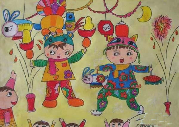 小学生关于欢度春节儿童画作品