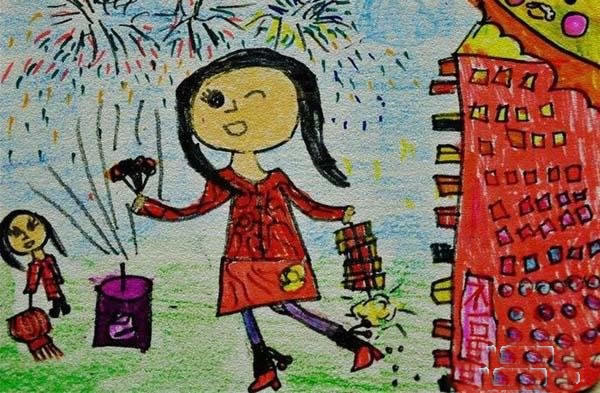 小学生关于春节的儿童画:春节放鞭炮
