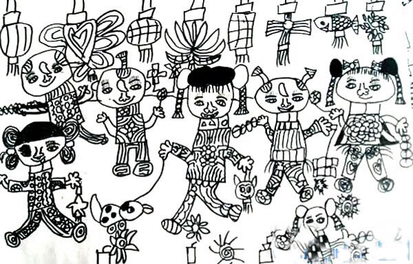 儿童画元宵节小朋友闹花灯 元宵节图片简笔画学生作品