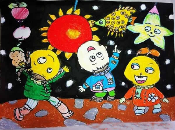 小学生元宵节看花灯儿童画_儿童画元宵节简单图片精选